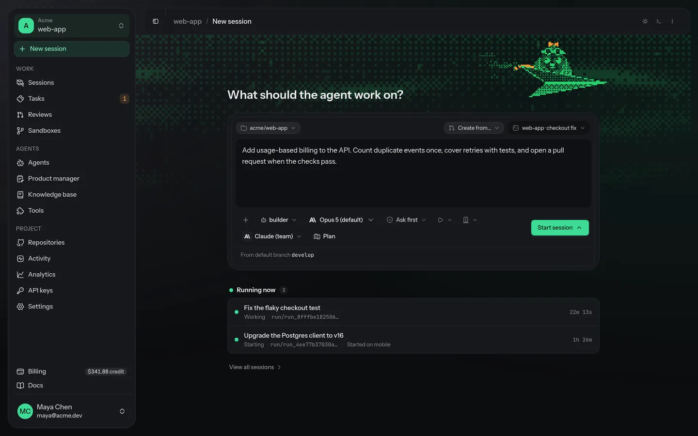 The New session screen: a task described in plain words, with the repository, agent, model and permission mode chosen below it.