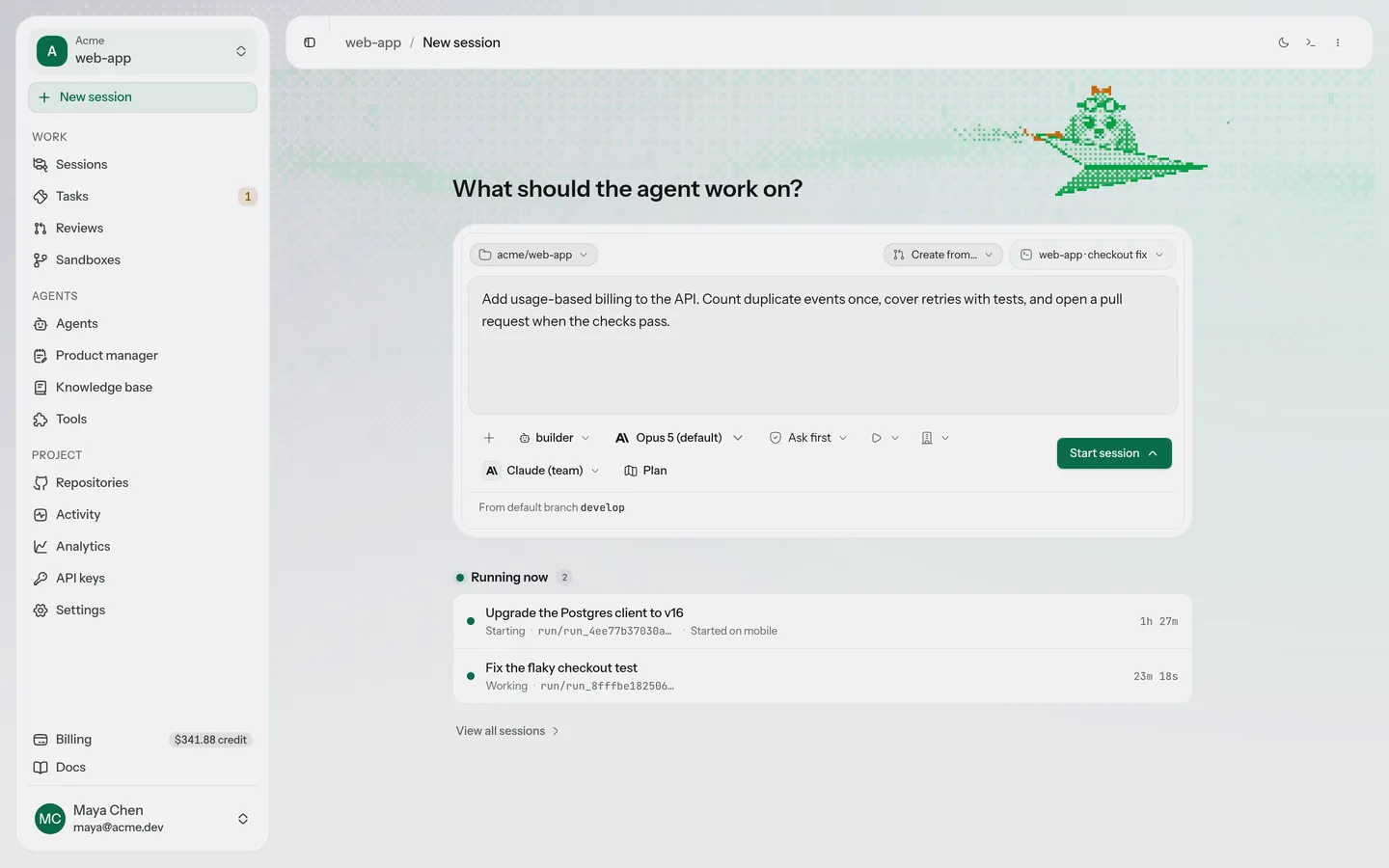 The New session screen: a task described in plain words, with the repository, agent, model and permission mode chosen below it.