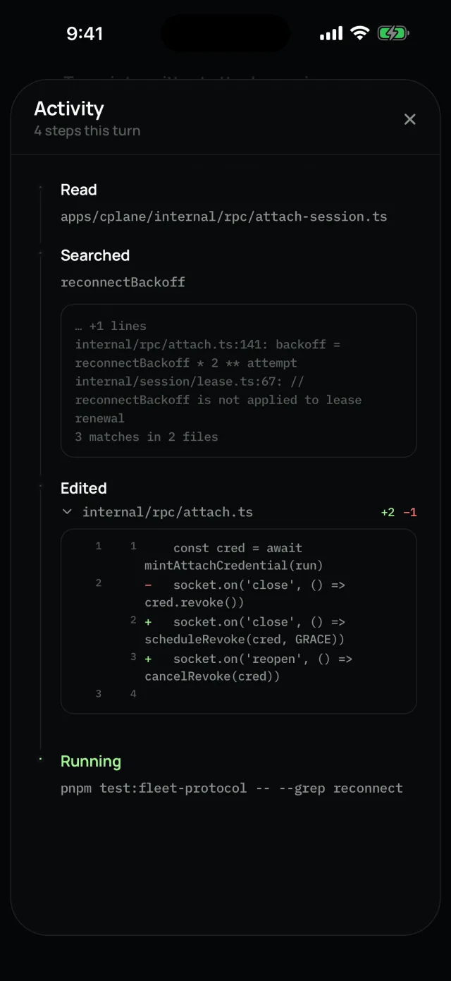 The session’s activity for one turn: files read, a search, an edit with its diff, and a test running.